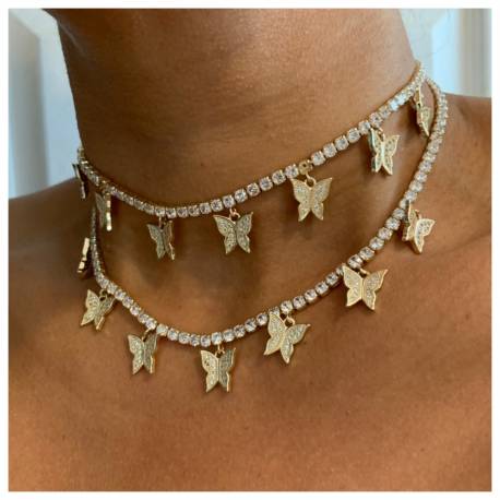 In Stock Fashion Women Iced Out Bling Brass Jewelry CZ Tennis Chain Butterfly Charm Pendant Choker Necklace for Wedding & Party