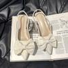 French Silver Pointed Single Shoes Bow High Heel Sandals Summer New Fashion Low Heel Rear Empty Light Mouth Slippers Women