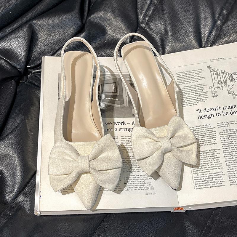 French silver pointed single shoes bow high heel sandals summer new fashion low heel rear empty light mouth slippers women