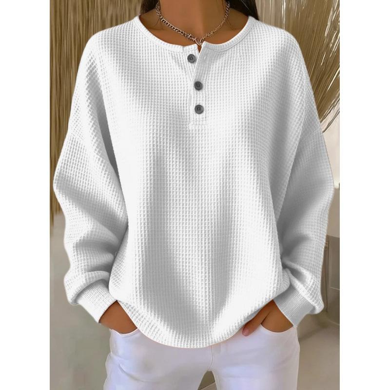 Neuer Herbst- und Winter-Pullover mit Rundhalsausschnitt, Waffelstruktur, einfarbig, lockeres Oberteil