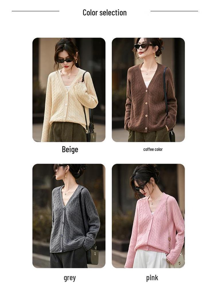 2026 Women's Pure Wool V-Neck Cable Knit Cardigan - Versatile Loose Fit Autumn Winter Outerwear