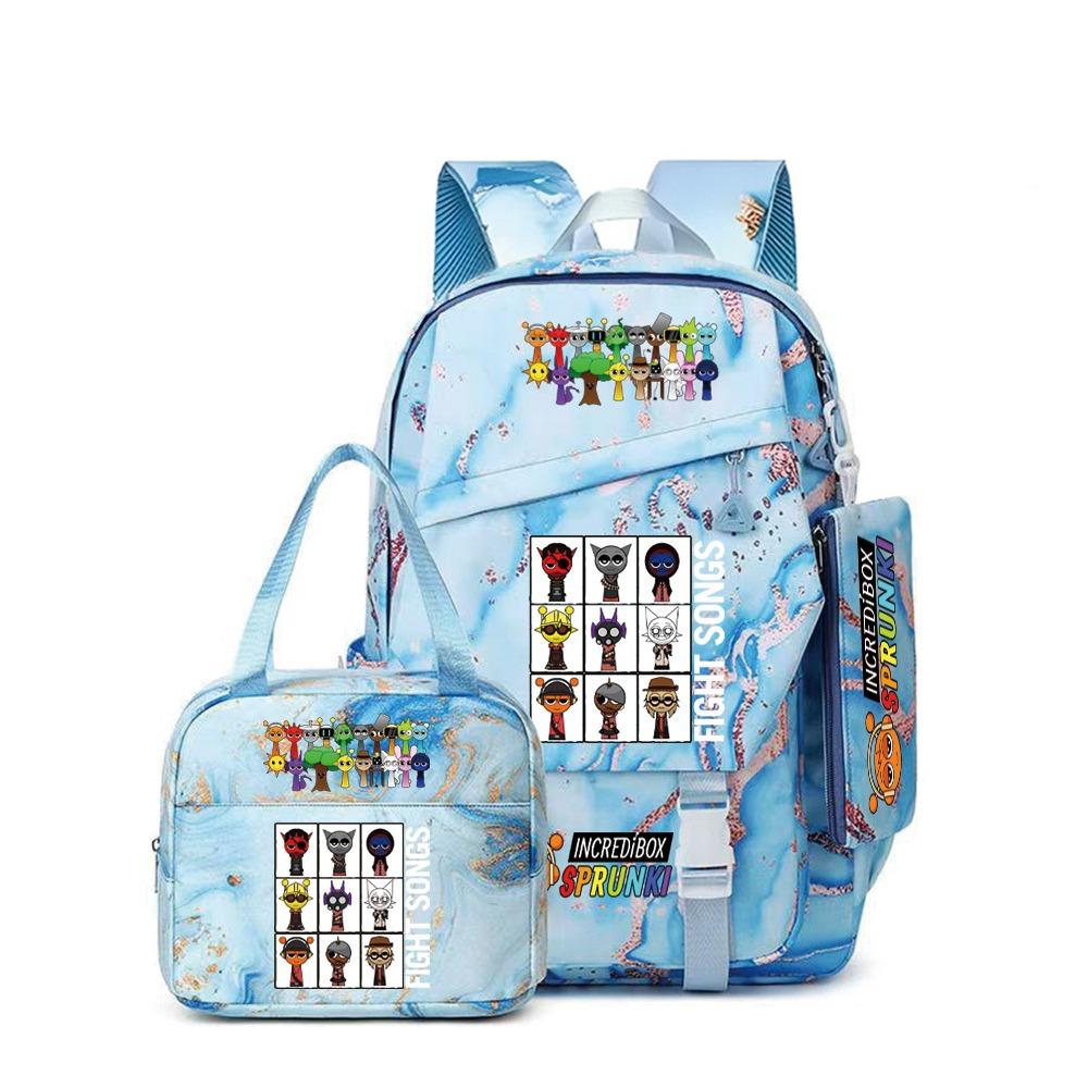 Around the box, elementary school bag sprunki cartoon backpack three-piece set D