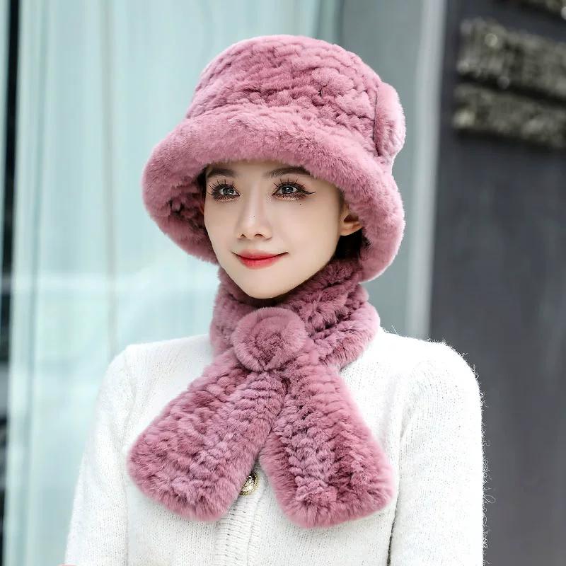 Middle-aged and Elderly Rex Rabbit Hair Hat, Scarf Set, Women's Winter Old Lady Two-piece Set, Women's Mother and Grandmother Thermal Hat
