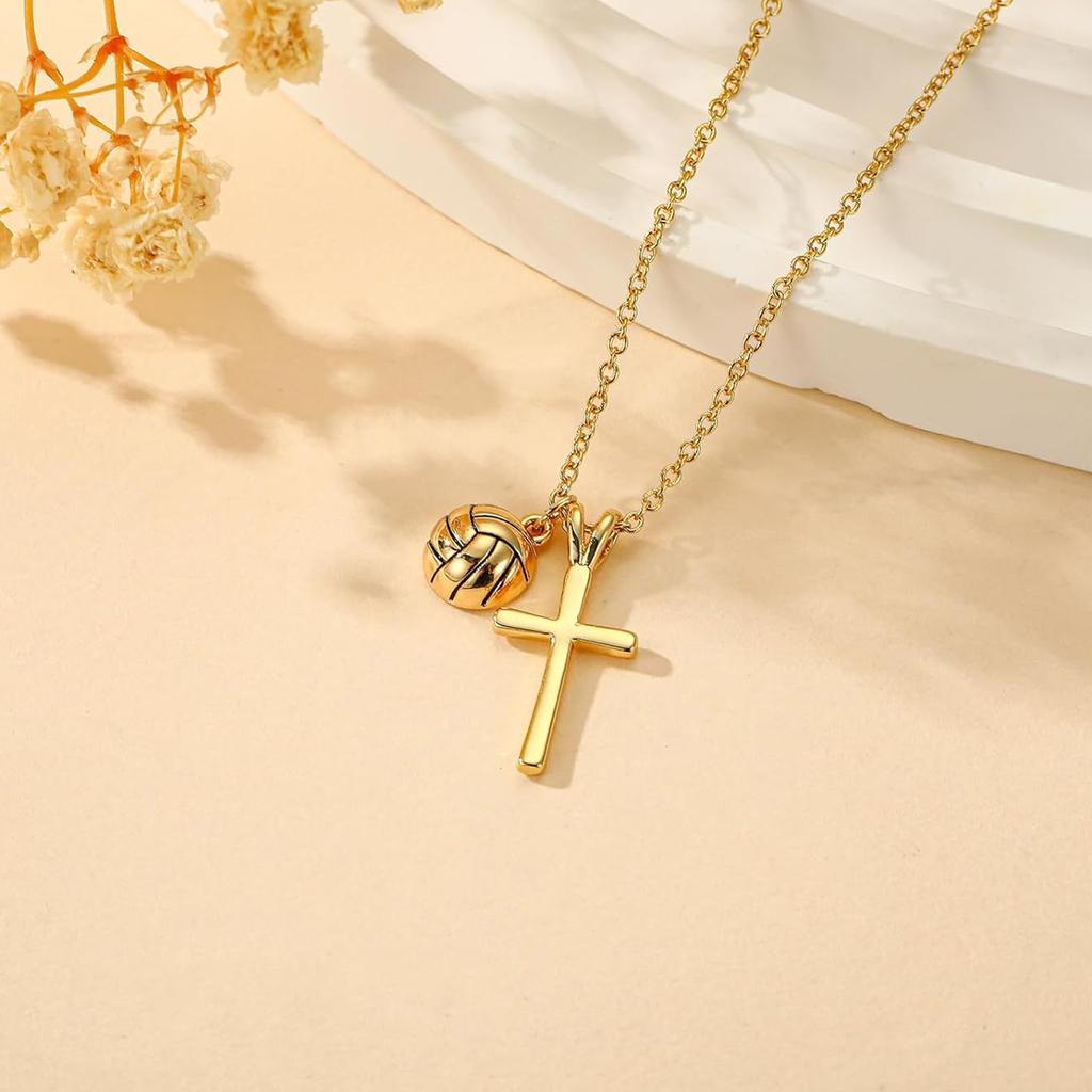 Unisex Fashion Necklace with Sports Ball Crucifix Pendant Basketball Volleyball Softball Adjustable Lightweight Copper