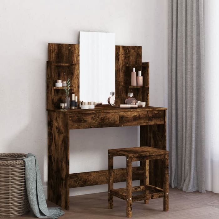 VidaXL Coiffeuse avec Miroir, Table de Maquillage avec 2 Tiroirs, Table Cosmétique avec 4 Étagères, Meuble de Rangement 837579