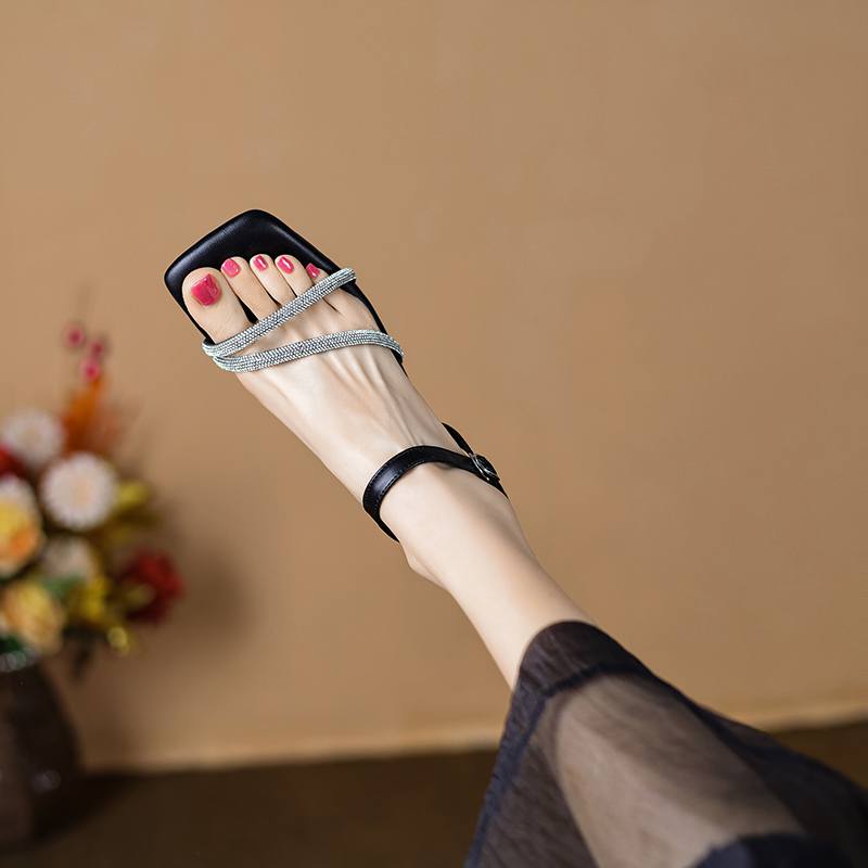 Krazing Pot Full Grain Leather Peep Toe Stiletto High Heels Crystal Beading Summer Shoes Size 44 Size 43 Women Luxury Sandals