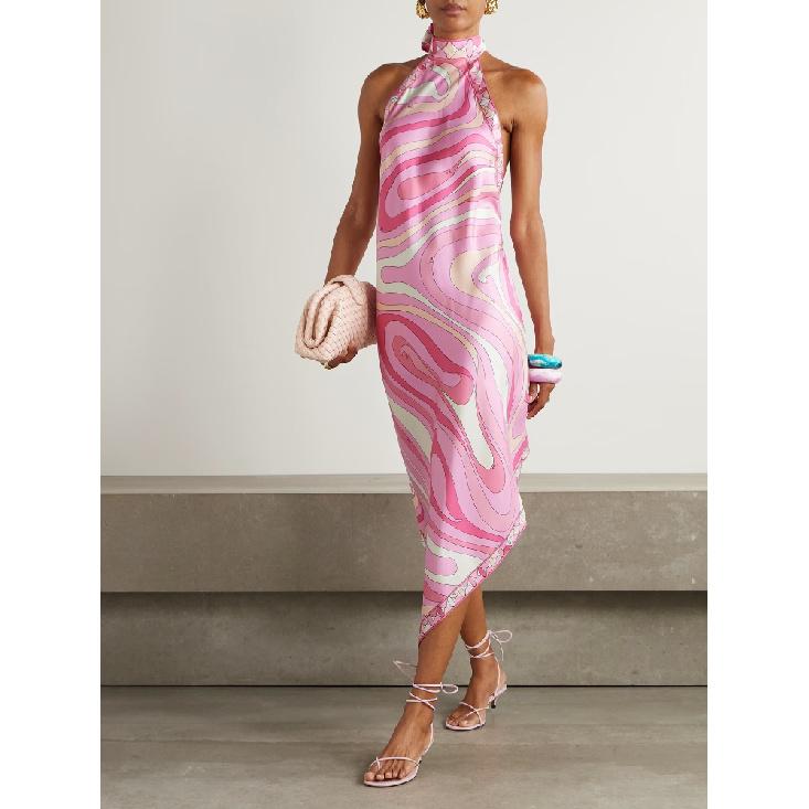

Summer Women Irregular Printed Midi Dress Backless Sleeveless Party Dresses Vintage Satin Slim Beach Vacation Robes XL рожевий