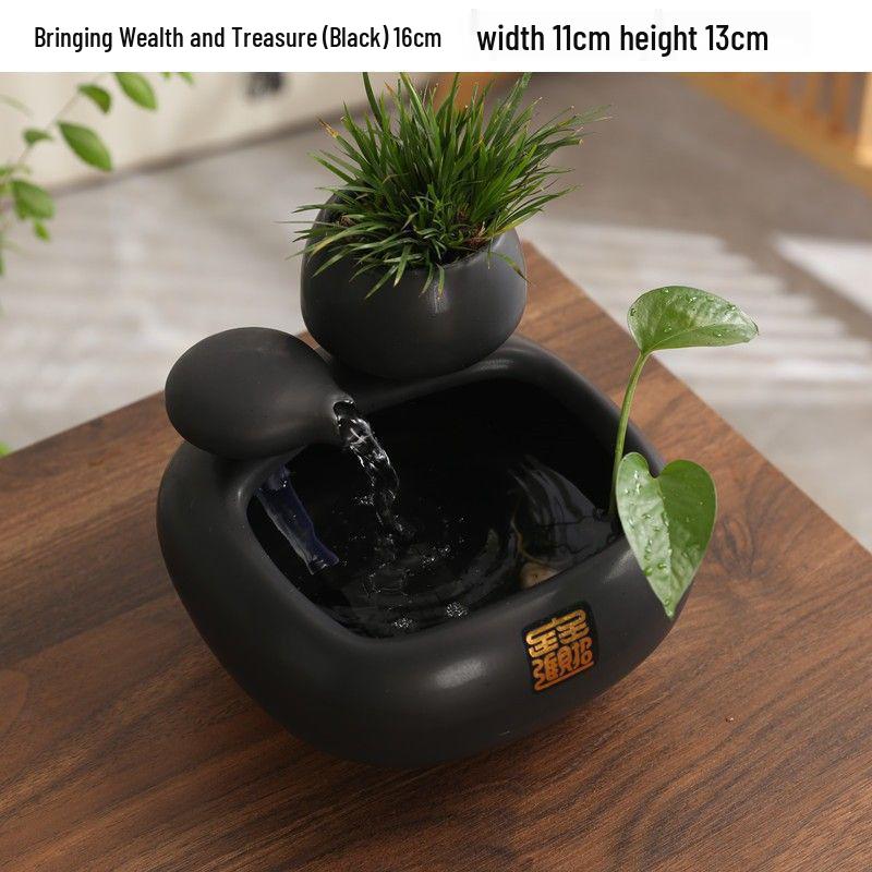 Ceramic Desktop Fish Tank with Automatic Water Circulator and Lucky Cat Ornament