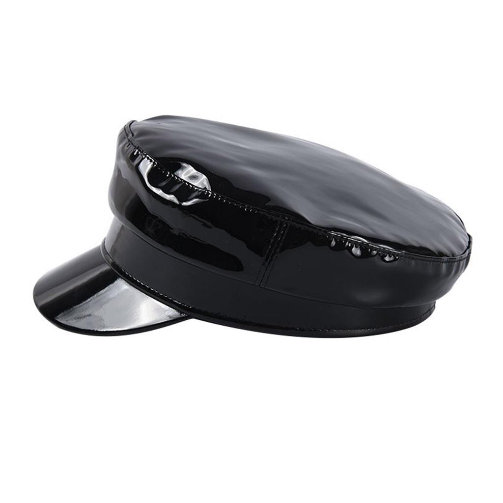 PU Beret British Elegant Shiny Black Painter Hat Grandpa Hat Cabbie Hat for Outdoor Walk Club Cabbie Hat
