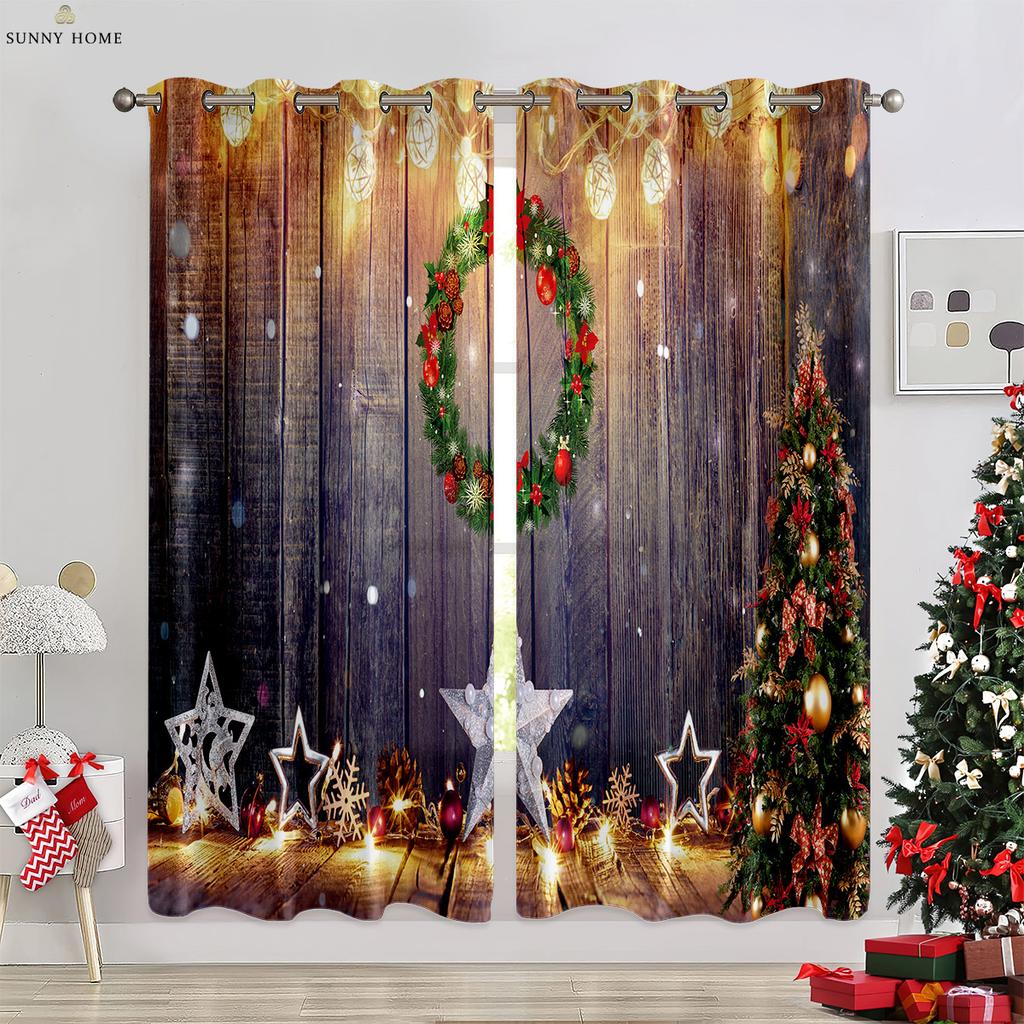Snowflake Pattern Ball Christmas Holiday Tree 3D Pattern Print Window Curtains Bedroom Space Restaurant Christmas Holiday Gathering Decorative