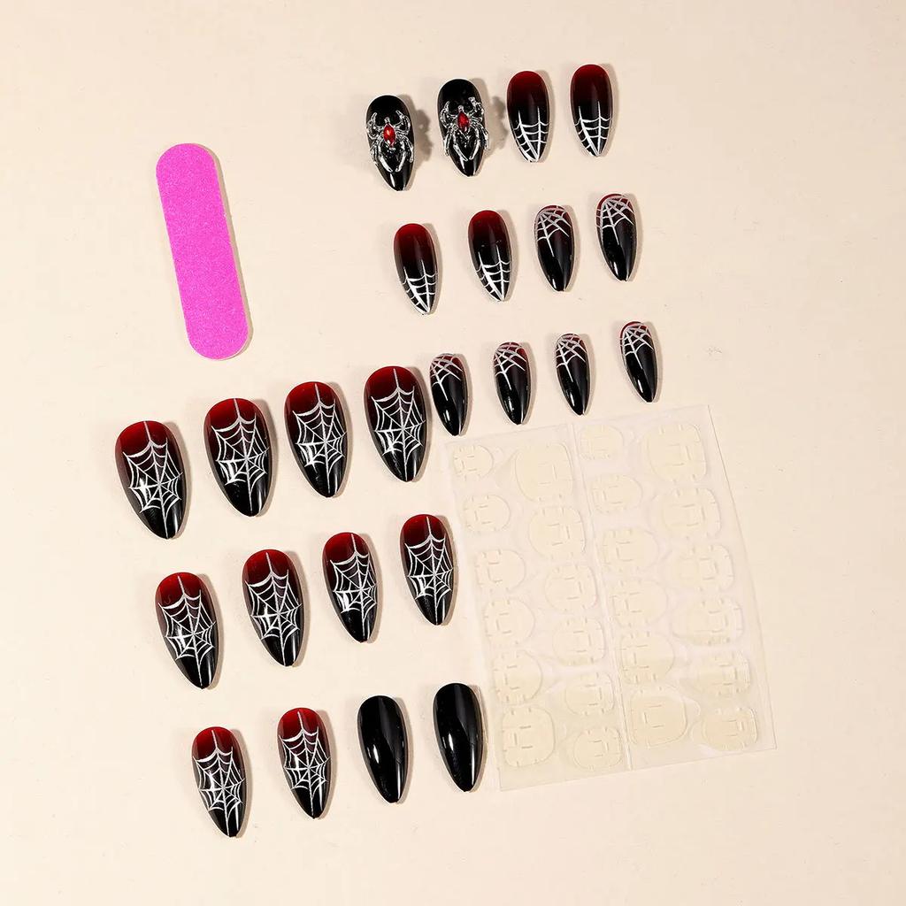 Halloween Gothic Almond Nails, Silver Spider & Web Press On Nails, Punk Heavy Metal Style