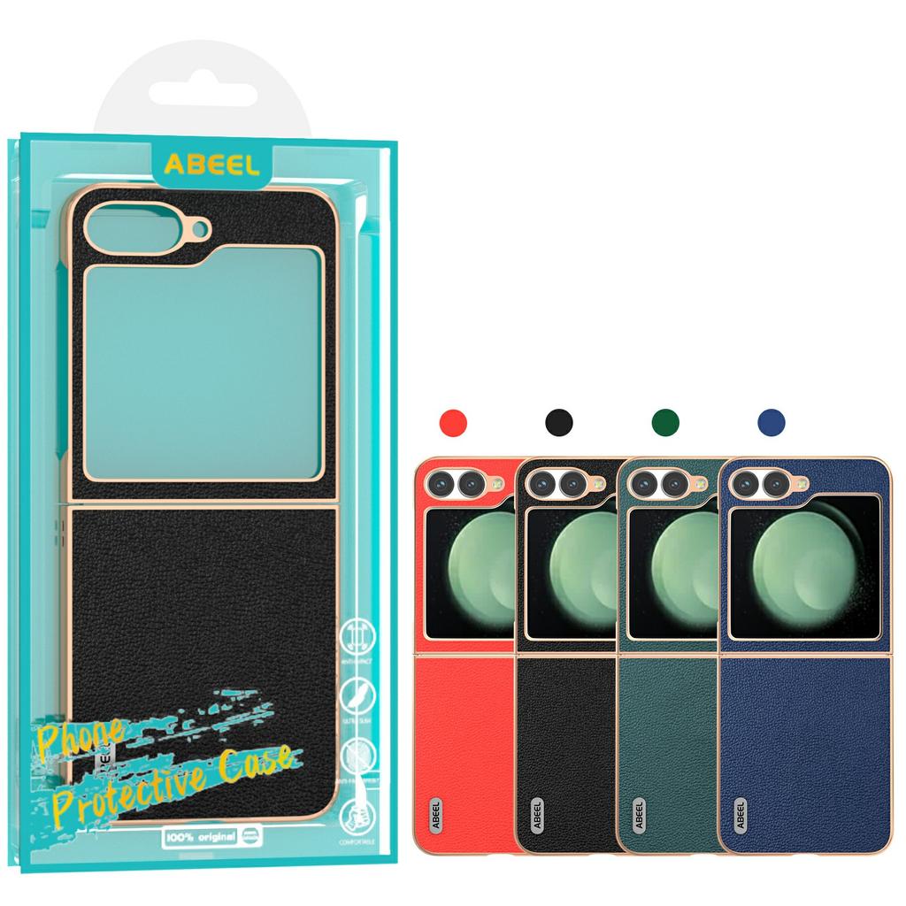 ABEEL For Samsung Galaxy Z Flip7 FE 5G/Z Flip6 5G Case Electroplating Edge Genuine Cow Leather Coated PC Phone Cover