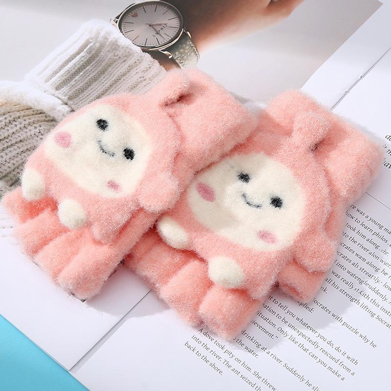 Autumn and Winter New Cute Girl Dumpling Flip Gloves Fresh and Sweet Versatile Thickened Plush Half-finger Gloves