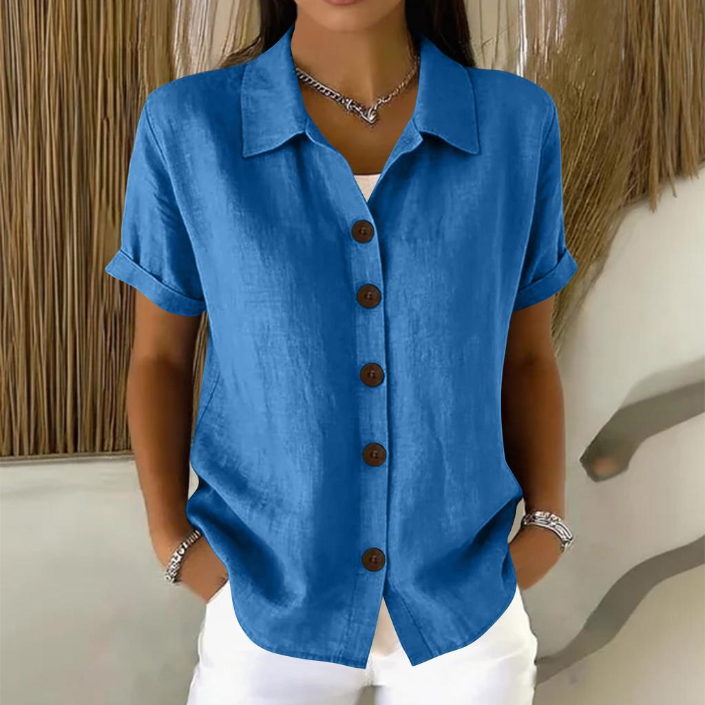 Women's Casual Comfortable Button Cotton Linen Short Sleeve Shirt Top