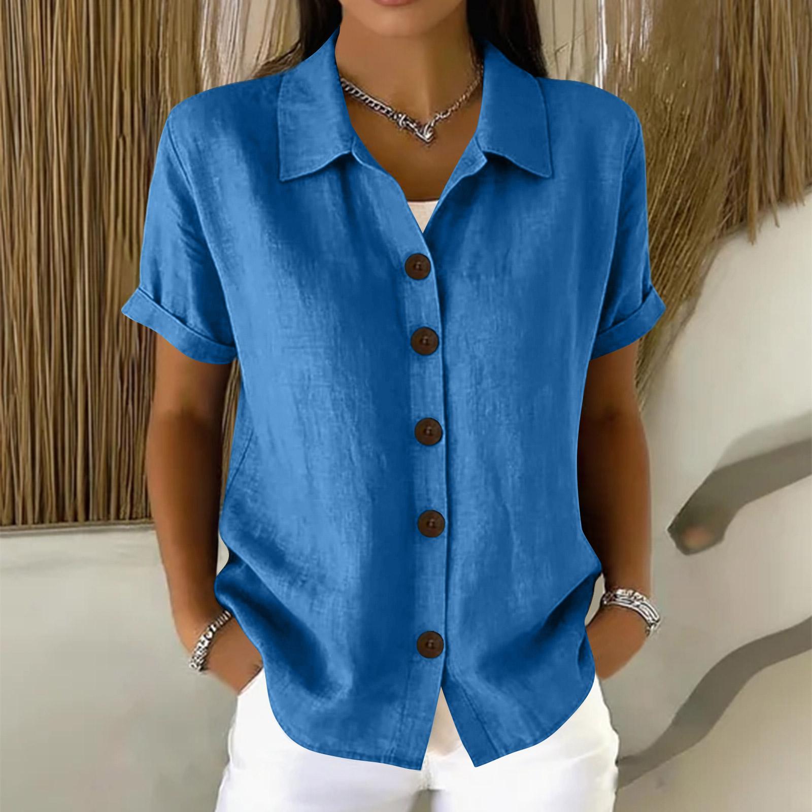 Women s Casual Comfortable Button Cotton Linen Short Sleeve Shirt Top L