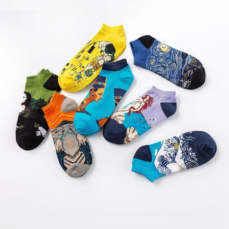 1 Pairs Unisex Happy Van Gogh Oil Painting Casual Men Women Funny Sock Fashion Harajuku Fruit Animal Female Ankle Socks