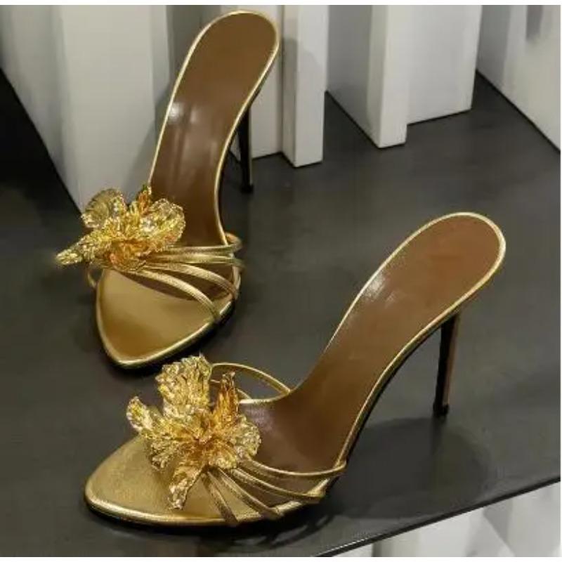 2025 Women Black Gold Genuine Leather Gold Metal Flower Open Toe Shallow Slip On  Stiletto Heel Slide Slippers Sandals