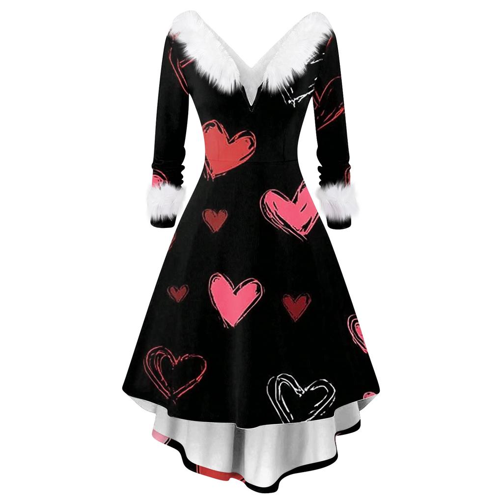Damen stilvolles und elegantes langärmeliges V-Ausschnitt Kleid mit Valentinstags-Herzprint