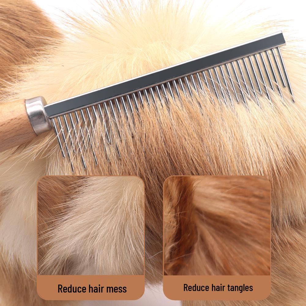 Peigne à puces en acier à manche en bois: Outil de toilettage pour animaux de compagnie pour chiens et chats pour enlever les poils morts avec une conception à dents fines.