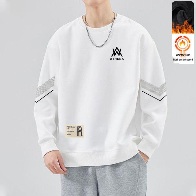 Men's Round Neck Plus Velvet Sweatshirt - Autumn/Winter Loose Fit Long Sleeve Pullover, Casual and Trendy Base Layer
