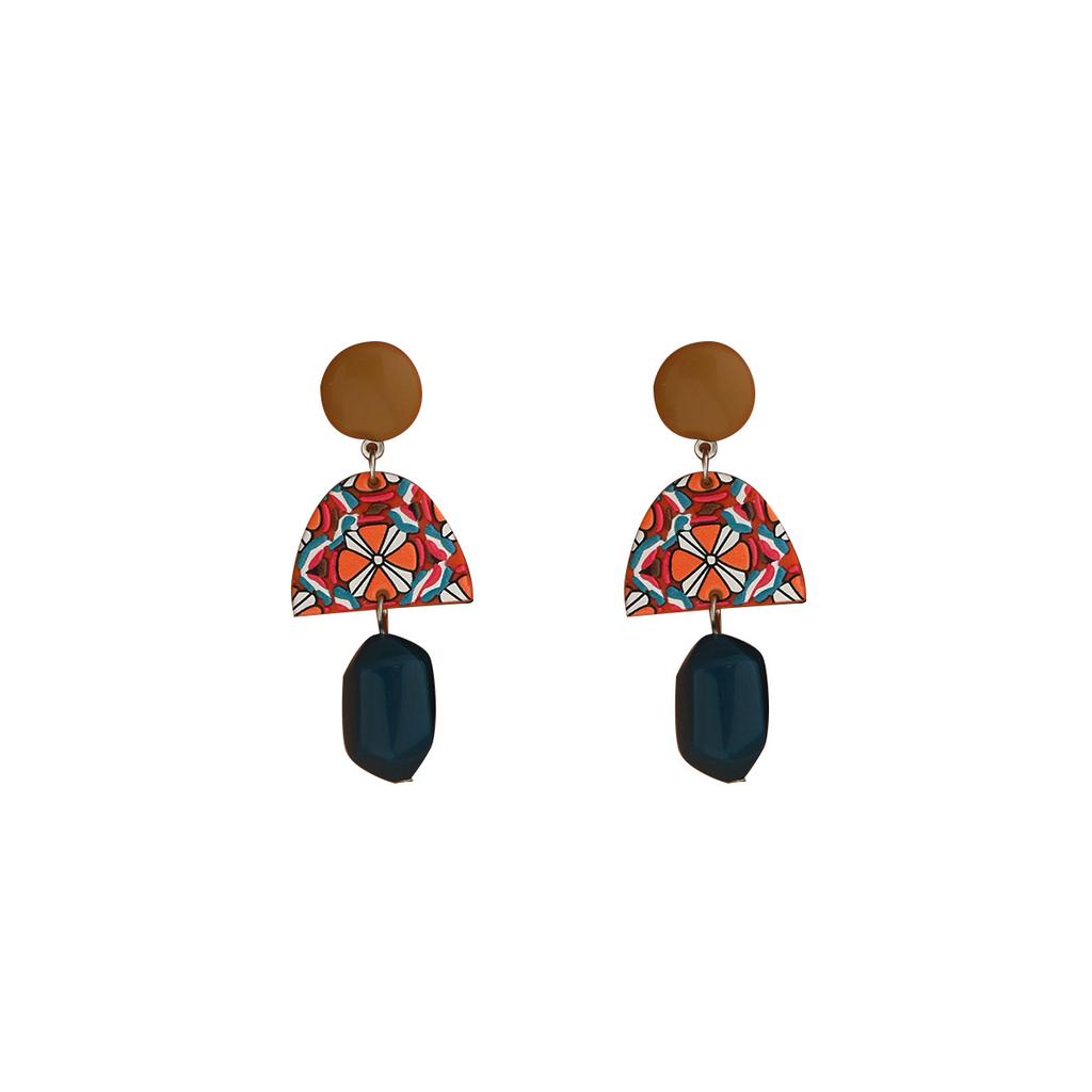 Vintage Earrings Geometric Women's Gemstone Inlaid Colorful Design Stud Earrings Versatile Ear Jewelry