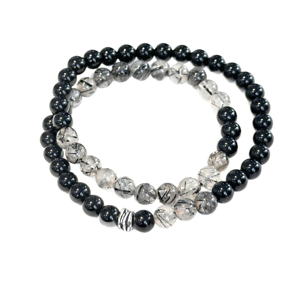 Small Bead Double-Layer Bracelet, Black Series Bracelet, Natural Black Obsidian and Black Rutilated Quartz Bracelet, Gift for Women, Men, and Couples
