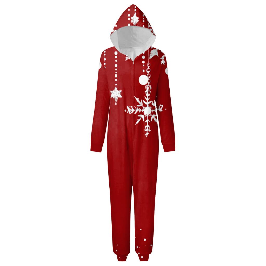 Christmas Print Family Matching Hooded Long Sleeved Zippered Jumpsuit Set