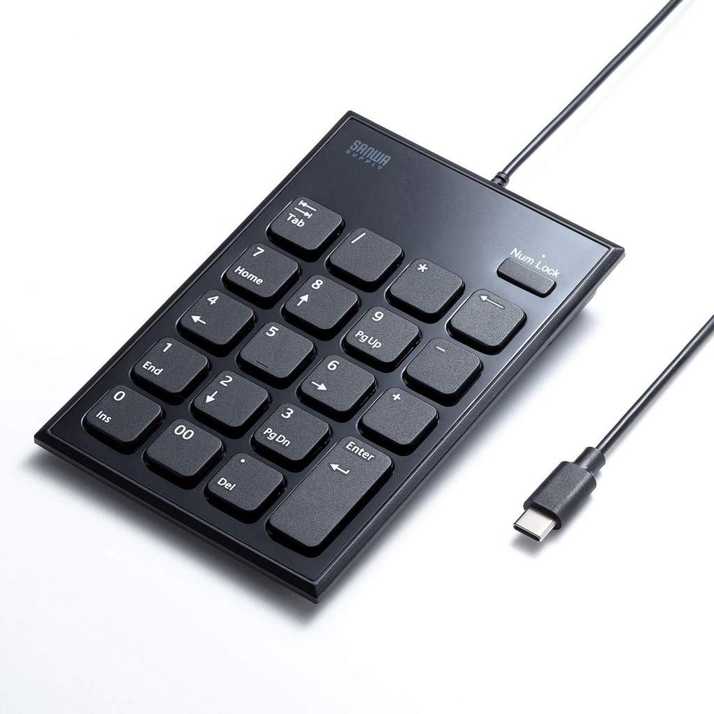 Sanwa Supply NT-23CBK Wired Numeric Keypad, USB Type-C Connection, Silent Keys, Pantograph, Black
