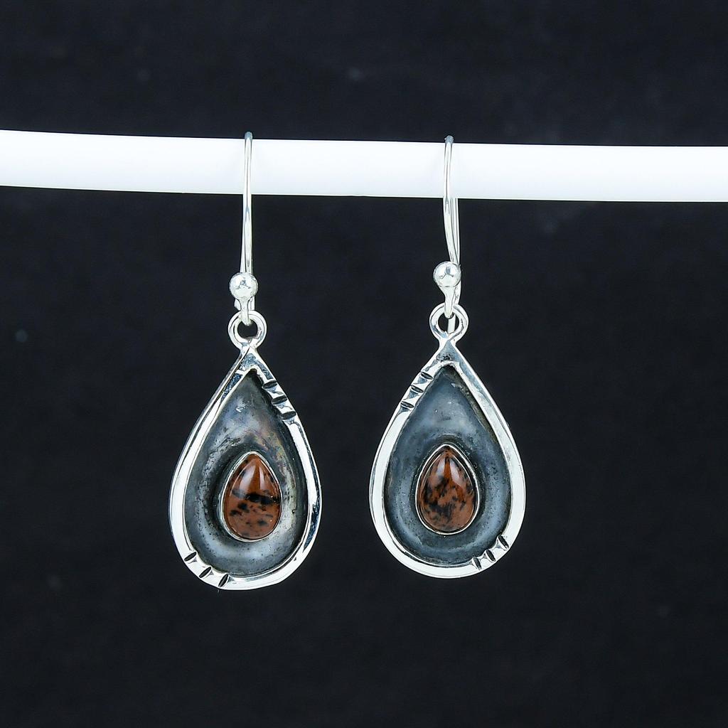 Natural Mahogany Obsidian Gemstone Earrings, 925 Sterling Silver Earring, Handmade Boho Silver Jewelry Dangle Earrings, Birthday Gift