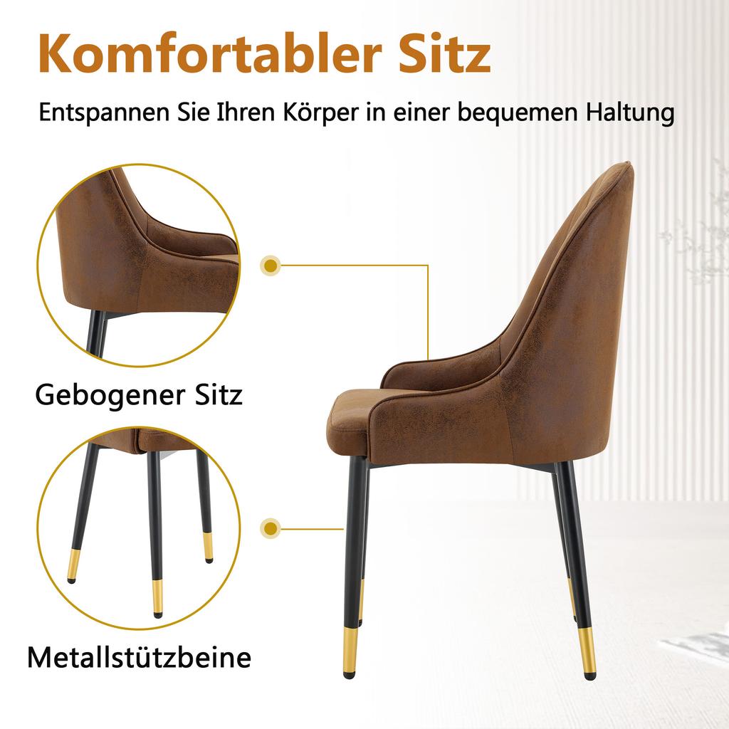Set of 2 Dining Chairs with Brown Technology Fabric, Lightning Pattern Backrest, Thickened, Highly Elastic Padding, Sturdy Metal Frame