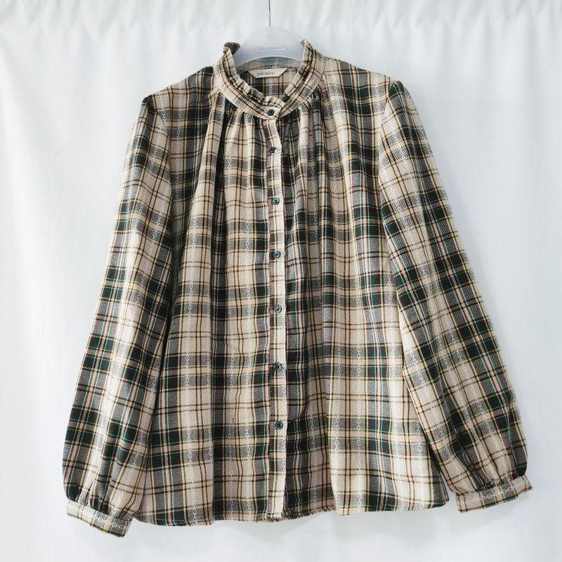 

Export Japanese Style Original Single Yarn-Dyed Plaid Ear Stand Collar Open Long Sleeves Shirt Women s Doll Shirt Base Retro Casual Green Gingham LL