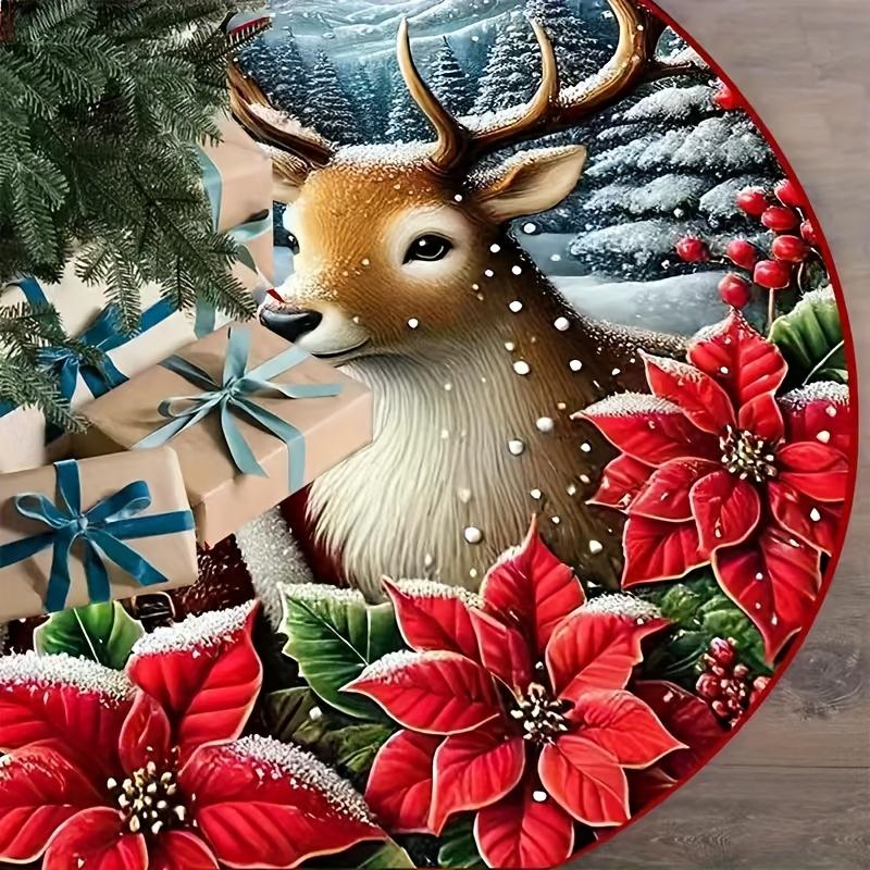 Santa Reindeer Christmas Tree Skirt,Round Non‑Slip Floor Mat,Poinsettia Winter Scenery Xmas Carpet for Holiday Home Decor
