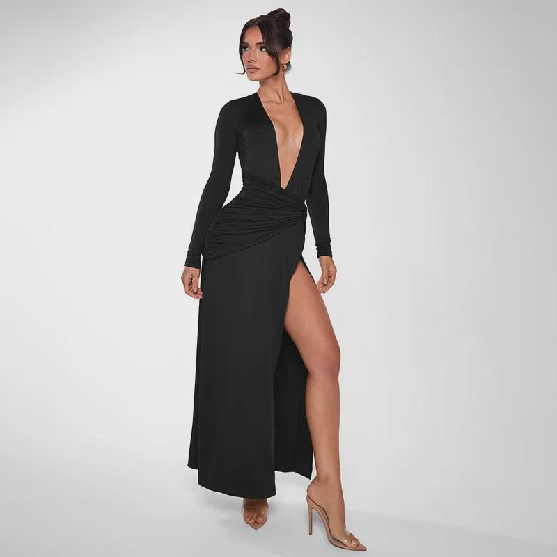 2024 Herbst/Winter Tief ausgeschnittenes Langarm-Maxikleid mit Plissee und hohem Schlitz