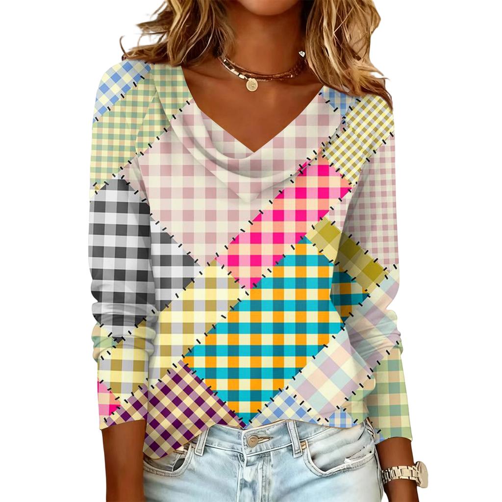 Ladies' Plaid Printed Casual and Fashionable Long Sleeved Pullover Top