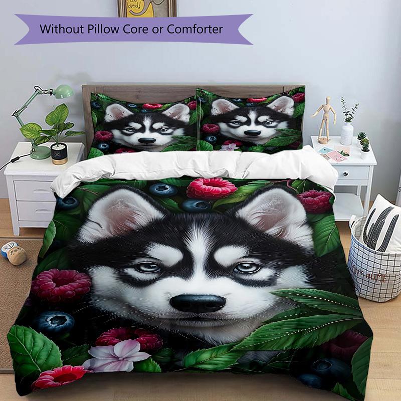 3pcs Husky and Flowers Duvet Cover Set -Includes 1 Duvet Cover and 2 Pillowcases, No Quilt Core, All-Season Home Decor yy251111104