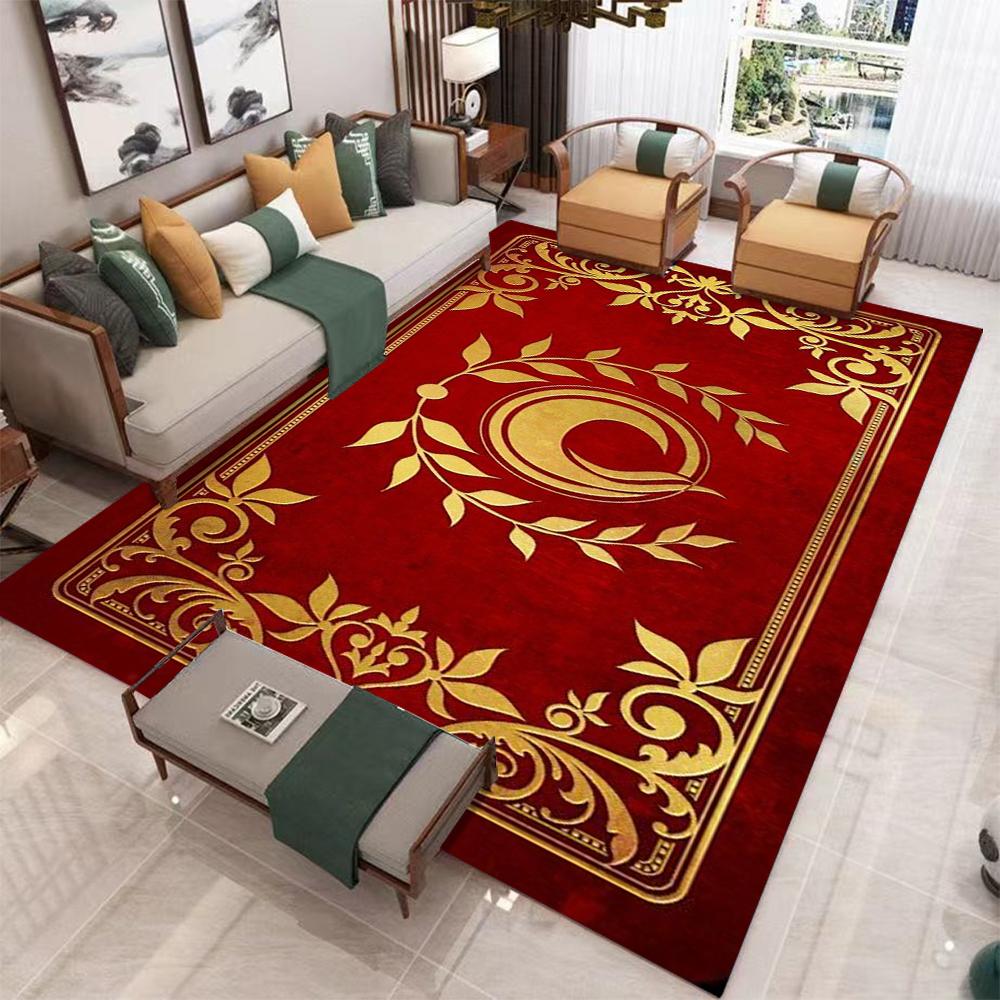 Red Gold Vintage Carpet Rug Luxury European Style Floral Pattern Non-Slip Durable Home Decoration Living Room Bedroom Floor Mat