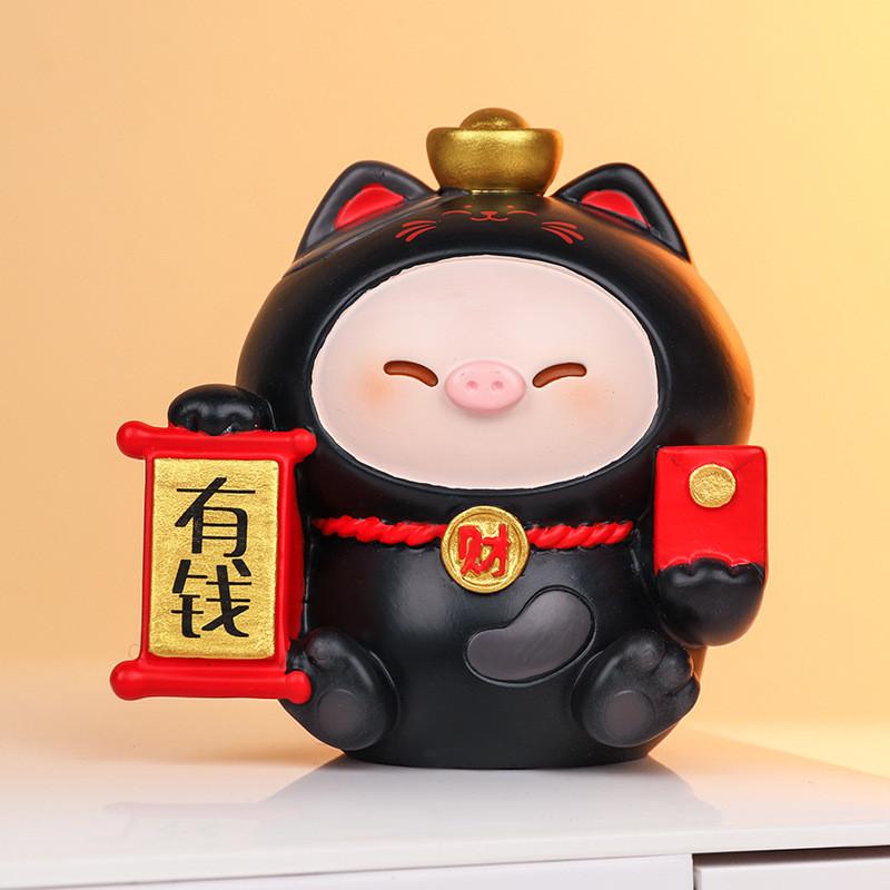 Cat Decor Resin Figurine With Wealth Symbols For Home Office Gift Ideas