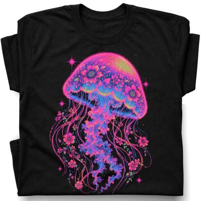 Neon Jellyfish Floral T-Shirt Glowing Ocean Animal Deep Sea Biology Apparel