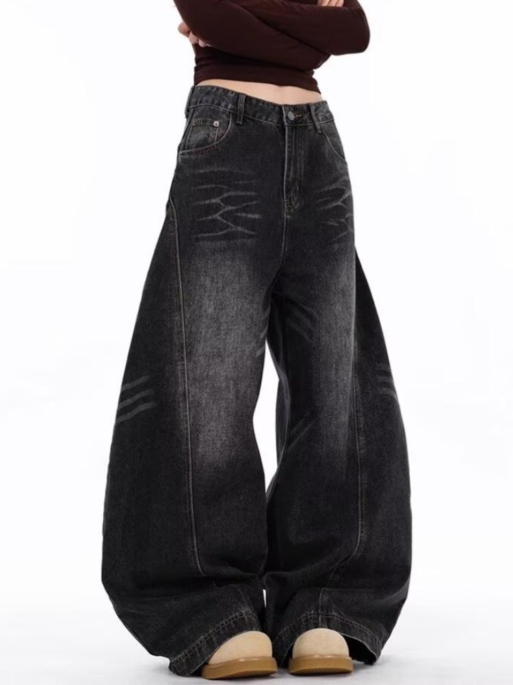 Japanische Mode Vintage Schwarz Patchwork Baggy Damen Jeans Hose Weiter Bein Damen Kleidung Lässig Baumwolle Denim Hose