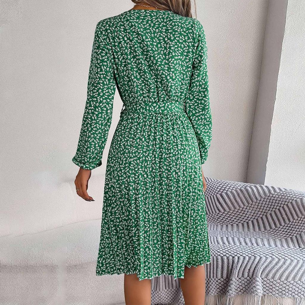Women's Casual And Fashionable Long Sleeved Floral Print Pleated Skirt Dress Dress
