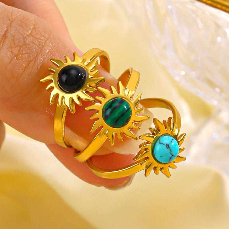 Classic Stainless Steel Sun Flowers Inlay Stone Rings for Women Men Vintage No Fading Opening Rings Banquet Jewelry Accessories