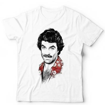 Tom Selleck Illustration T-Shirt Magnum PI Hawaii Higgins Hopper 80er - Weißes T