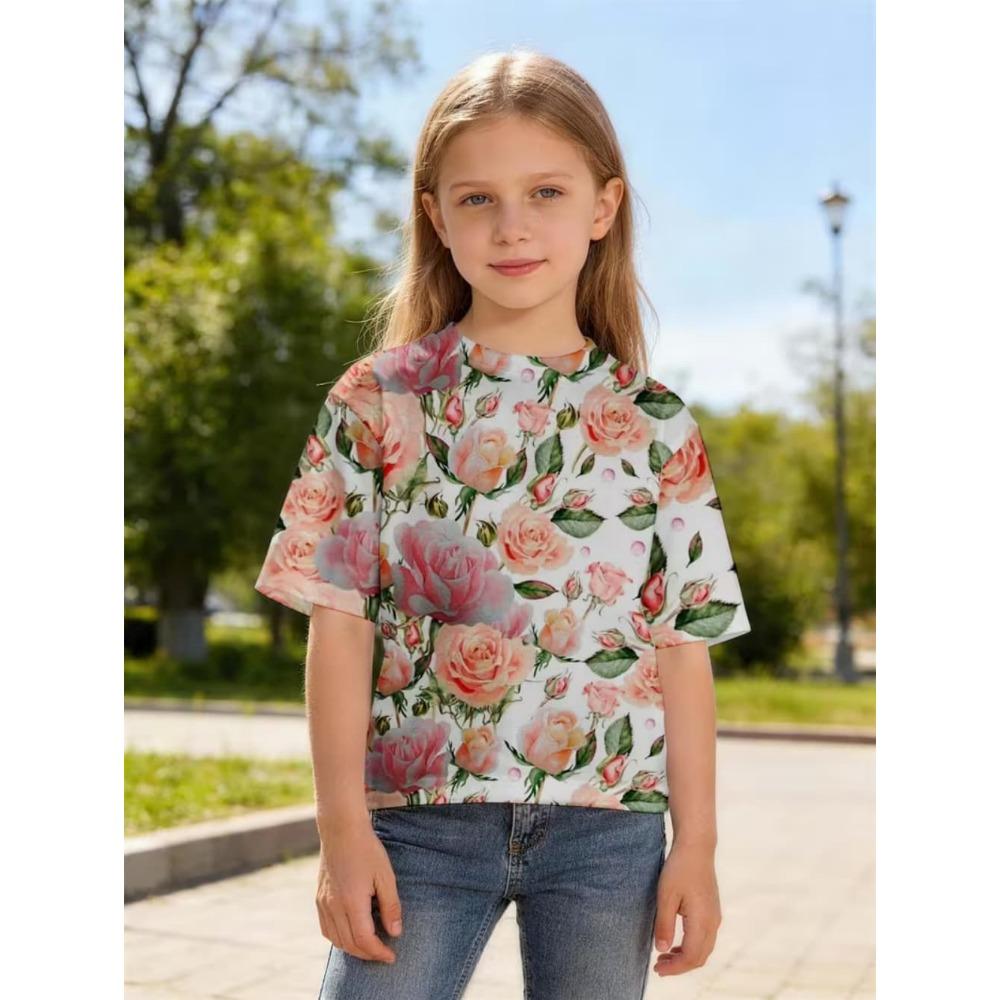 Summer Girl T-shirt Fashion Flower 3D Print Kids Short Sleeves T-Shirt Loose Casual Tops Outdoor Comfortable Girl Clothing