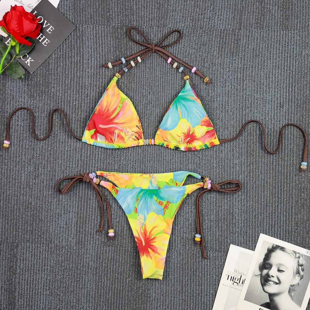 Wind split swimsuit set sexy strap print personalized bikini two-piece set