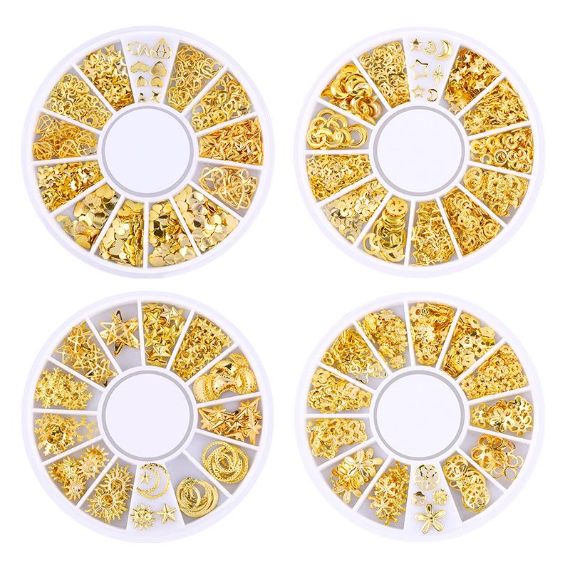 Goldener Schmuck Stern und Mond Nietendesign Wasseraufkleber Nagelsticker Nagelkunst Dekoration Hohle Legierung Nageldekoration