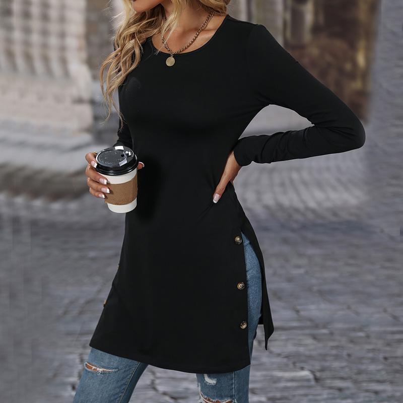 

2025 spring long sleeve women t-shirts harajuku Side split Button T shirt y2k tops solid casual loose long t shirt streetwear XXL