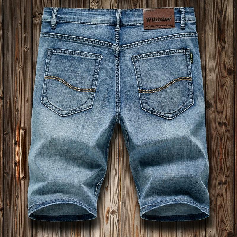 Summer Thin Denim Shorts for Men, Business Straight Leg Elastic Five Inch Mid Length Pants, Light Blue Casual Trendy Horse Pants