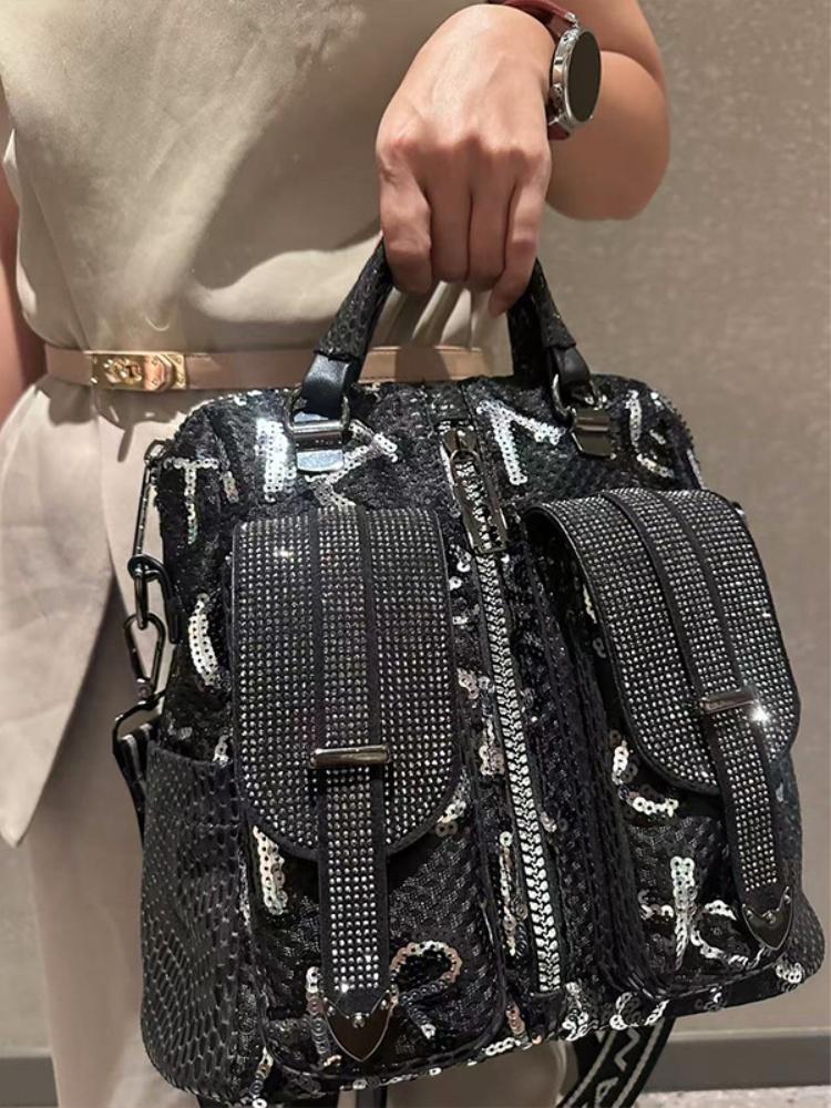 New Luxury Designer Sequin Women Shoulder Bag Multi Functional Backpack with Bright Film Letters Trendy Shiny Diamond Handbag