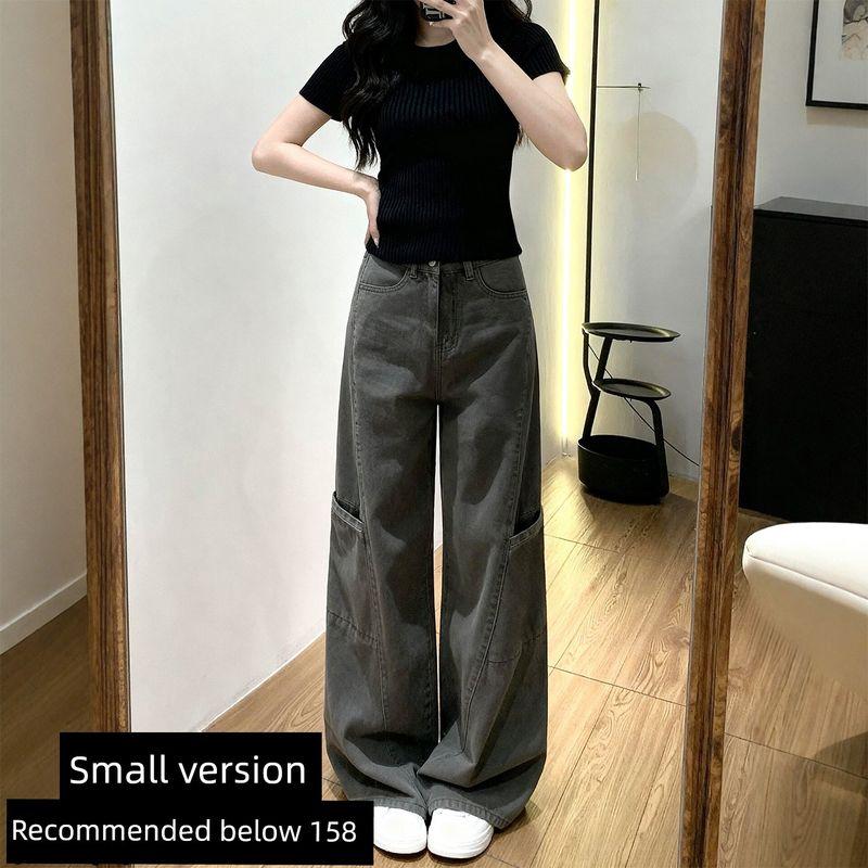 

American-Style Gray Wide-Leg Cargo Pants for Women, New Spring Model for Plus-Size Girls, High-Waisted Loose Straight-Leg Floor-Length Denim Pants Gray, Petite Size M