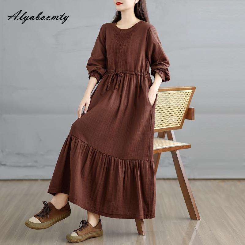 Korean Style Plus Size Spring Autumn Women Midi Dress O Neck Red Green Brown Burgundy Oversized Dress Lace Up Embroidery Cotton Dress